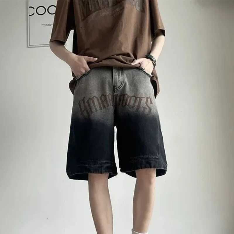 Bermuda with Text Loose Long Baggy Mens Denim Shorts with Pockets Short Jeans Pants for Men Half Wide Emo Summer Blue Vintage Buttons W250621