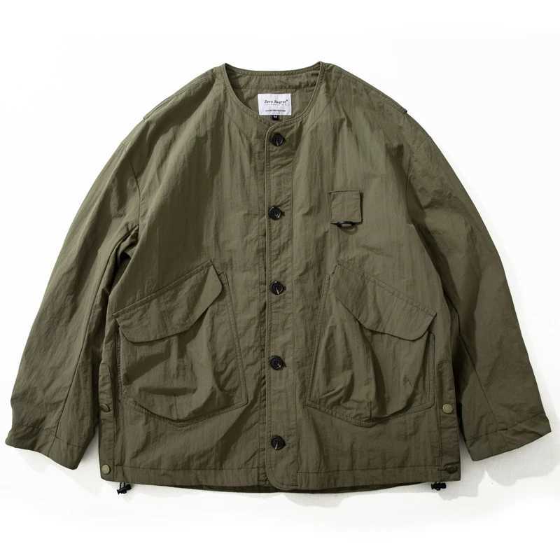 New 2025 Japanese Work Jacket Mens Outdoor Functional Three-proof Loose Multi-pocket Loose Casual Thin Collarless Mens Jacket XJ250621