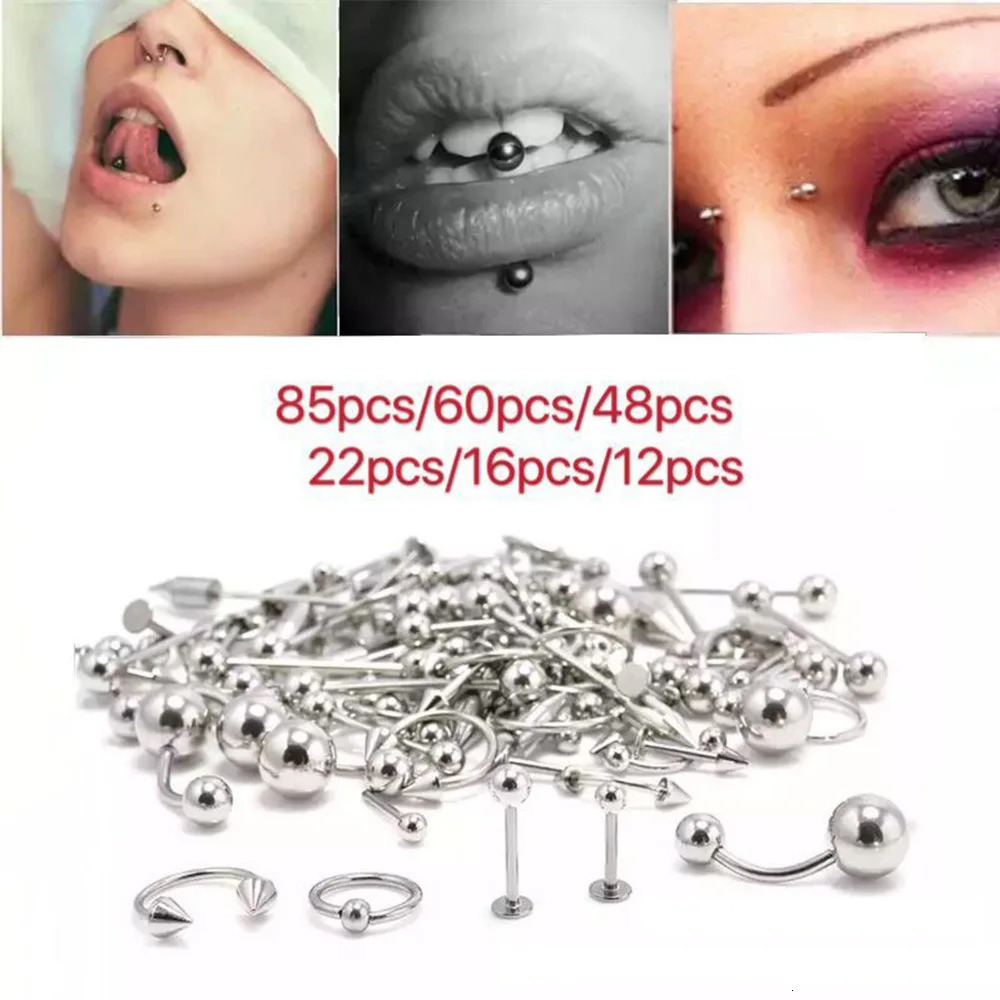 12/60/85 Mixed Body Piercing Jewelry Stainless Steel Nose Ring Tongue Nails Navel Eyebrow Nails Lip Piercing Jewelry 250617