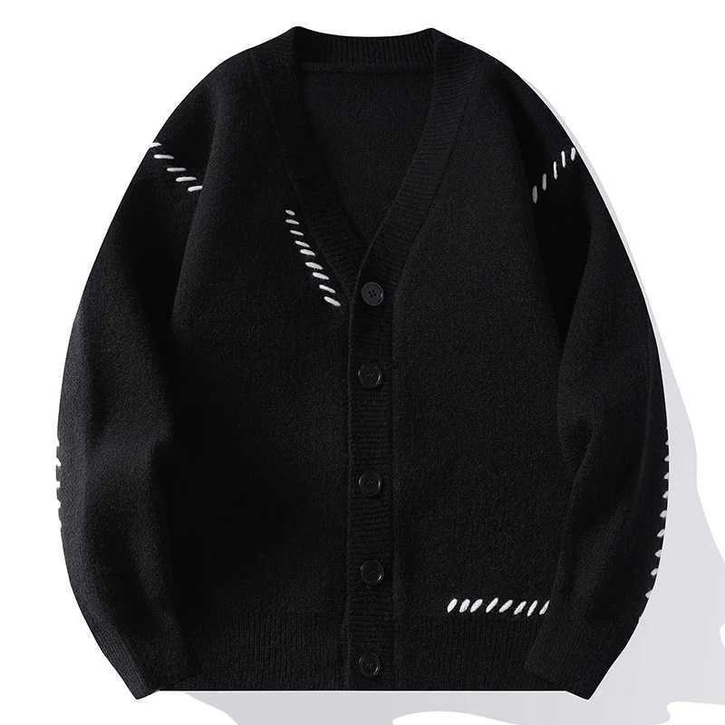Autumn Winter V-Neck Knit Cardigan Men Harajuku Patchwork Loose Knitted Sweater Outerwear Coat Mens Fashion Casual Streetwear Z250621