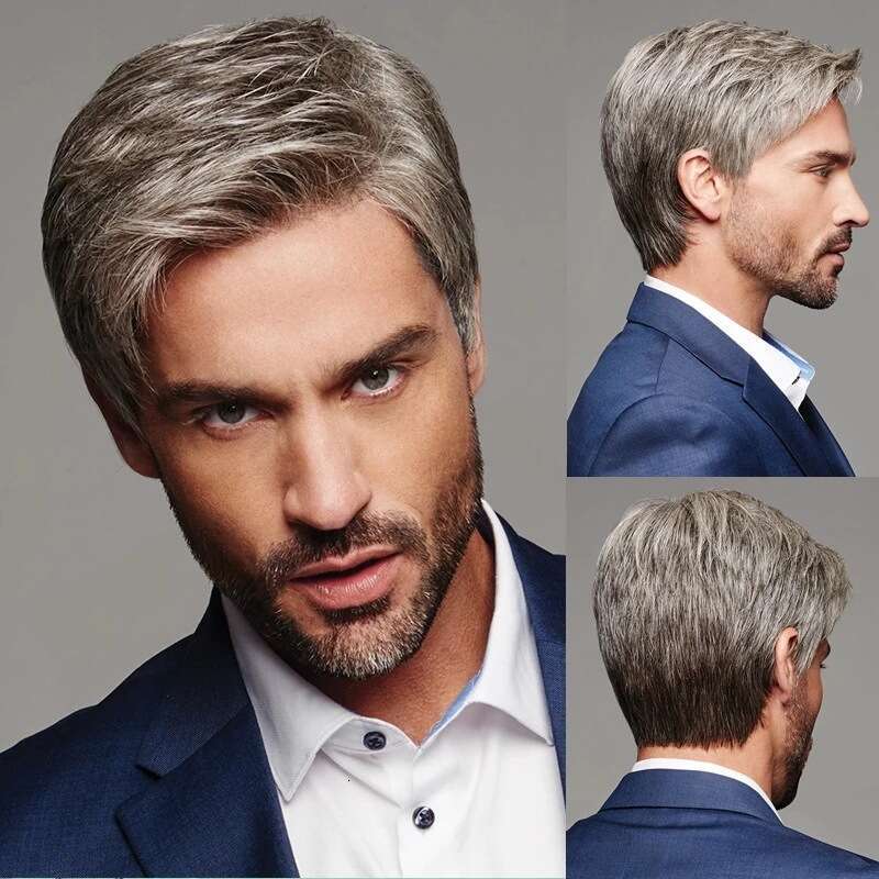 New Men's Brown Gray Side Part Wig For Men