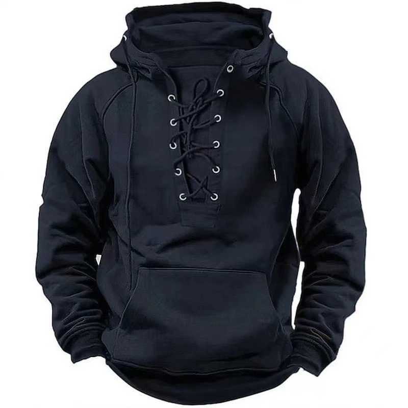 Autumn Fashion Mens Hooded Sweatshirts Lace-up Drawstring Long Sleeve Loose Hoodies Men Streetwear Vintage Solid Color Hoodies XJ250621
