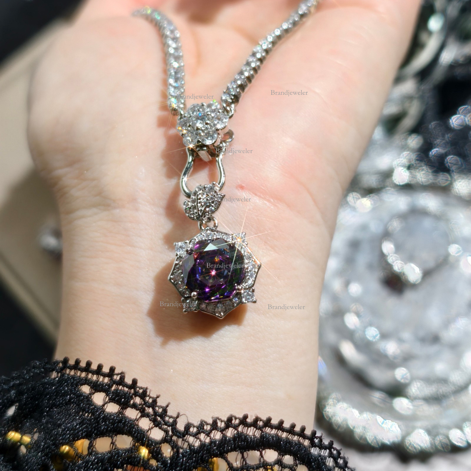 Designer Necklace 2025 New Free Delivery Model Millennium Rose Cut Colorful Fantasy Octagon Zircon Flower Necklace Pendant Open Ring Earring Set