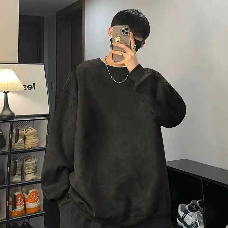 IMCRASY Mens Autumn Trendy Brand Trend Youth Simple Suede Round Neck Solid Color Sweatshirt Loose T-shirt XJ250621