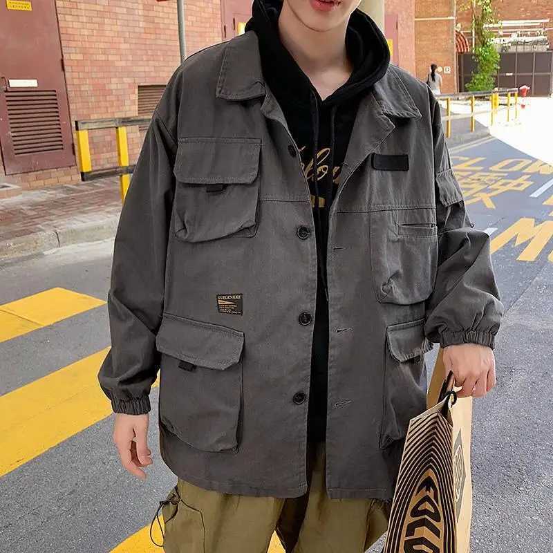 Spring Autumn Workwear Jacket Mens Trendy Hong Kong Style Lapel Coat Punk Oversized Harajuku Bomber Jacket Retro Casual Jacket XJ250621