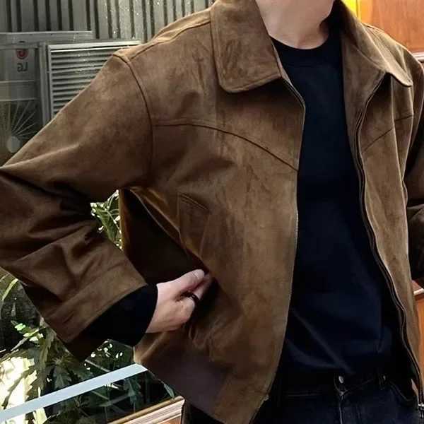 Mens Jacket Turn Down Collar Full Sleeve Jackets Solid Zipper Loose Fit Spliced Coats Casual Pockets Outerwear Autumn 2024 XJ250621