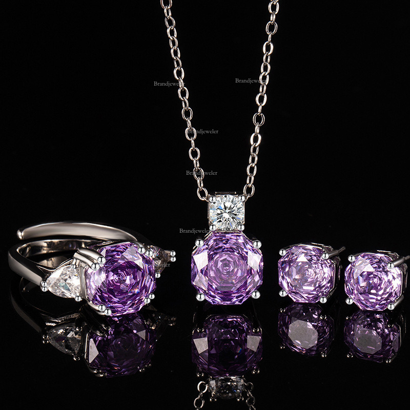 Free Delivery New Model Millennium Rose Cut Purple Kunzite Octagon Zircon Flower Necklace Pendant Designer Necklace Light Luxury Open Ring Earrings