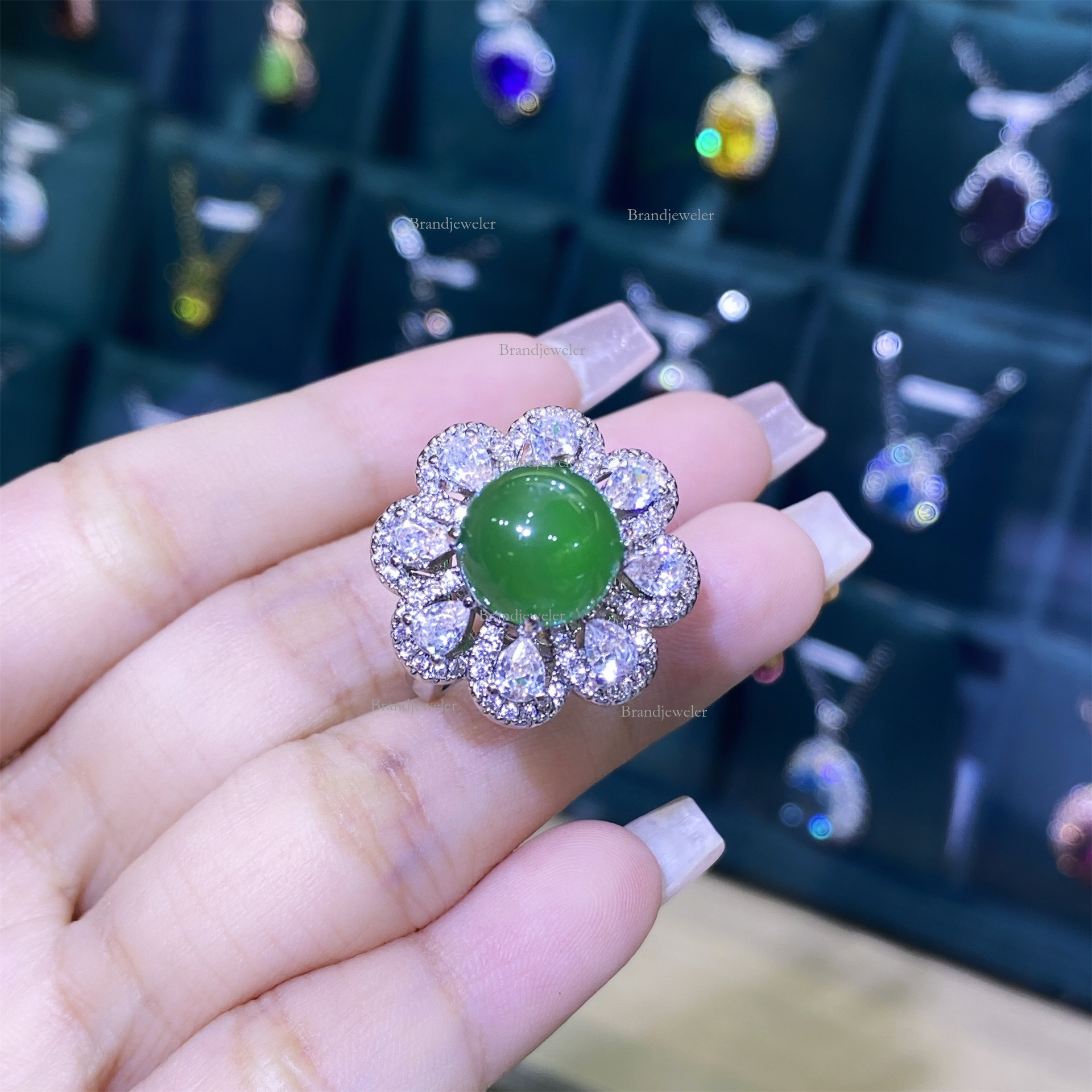Natural 2025 New Model Green Chalcedony Sunflower Designer Necklace Green Agate Open Ring Women S Elegant Luxurious Pendant Free Delivery Earrings Thr
