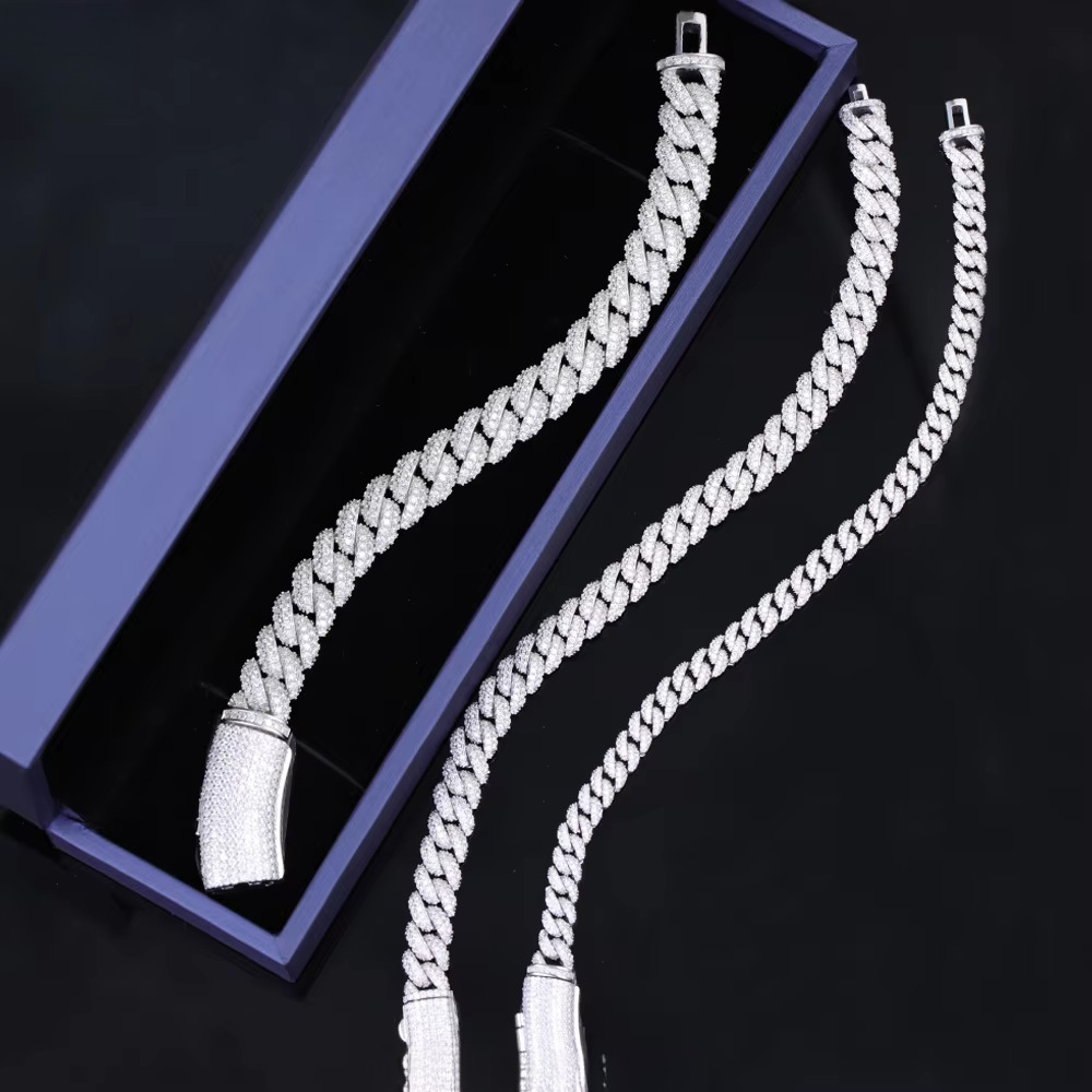 Fast Shipping Moissanite Dia Hip Hop Jewelry Sterling Sier 6mm 9mm 13mm Iced Out 2 Rows Cuban Link Chain Men Necklace