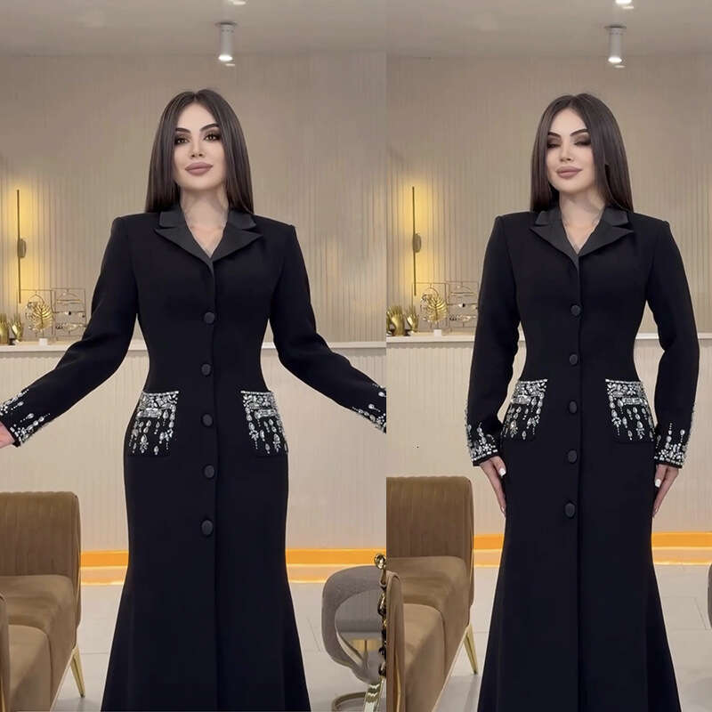 Long Dress New Celebrity Fashion Heavy Beaded Rhinestone Blazer Collar Bandage Gown Long Dress Sexy Long Skirt