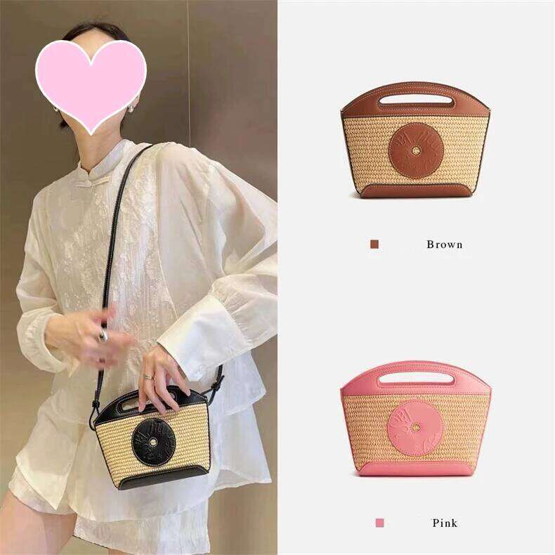Women's Summer Cookie Straw Woven Basket Beach Handbag Designer Famous Brand Mini Crossbody Shoulder Small Drawstring Bucket Bag