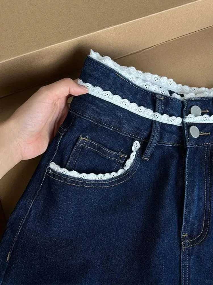 DFCF 2025 New Casual Straight Jeans Streetwear Vintage Blue Lace Spliced Jeans Women Y2K Fashion High Waist Loose Wide Leg PantsT251013