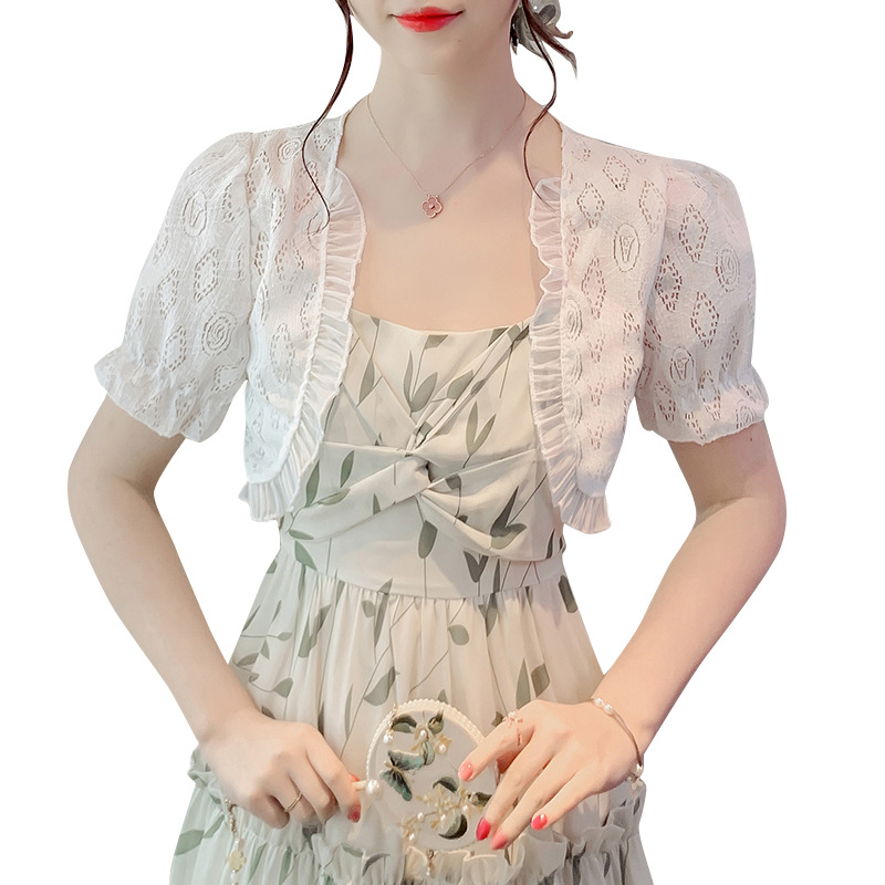 K1092 Small shawl short-sleeved jacket for women summer thin French short lace cardigan top clothes suspender skirt outer cover