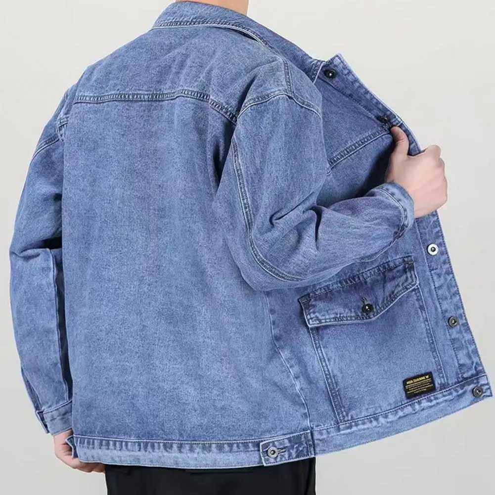 Versatile Denim Jacket Stylish Mens Denim Jacket with Lapel Collar Long Sleeves Large Pockets Fashionable Spring Autumn for Men XJ250621