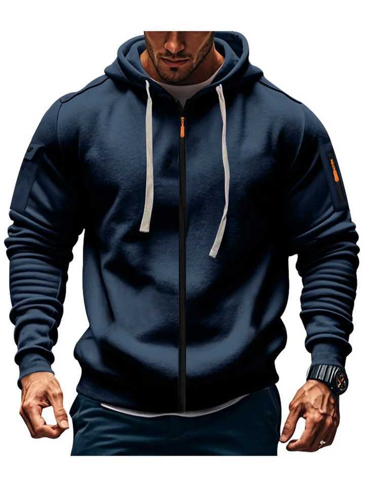 Mens casual hooded collar drawstring hooded sweatshirt sports long sleeved outdoor streetwear solid color lightweight cardiganXJ250621