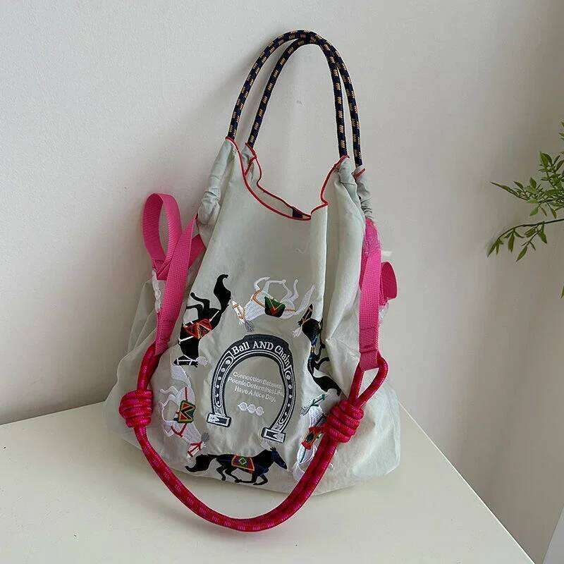 2025 New Ball Chain Shopping Nylon Embroidered Canvas Reusable Package Women Tote Tophandle Shoulder Crossbody Bag