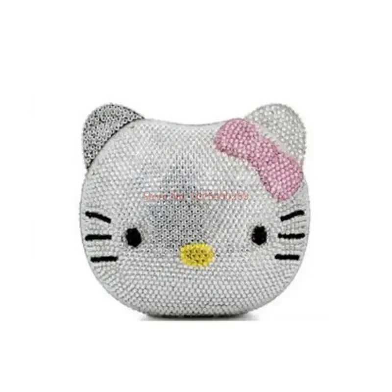Sanrio Hello Kitty Anime Cartoon Shape Rhinestone Cartoon Full Of Diamonds Dinner Bag Handmade Diamond-set Ladys Clutch Christmas Giftw250621