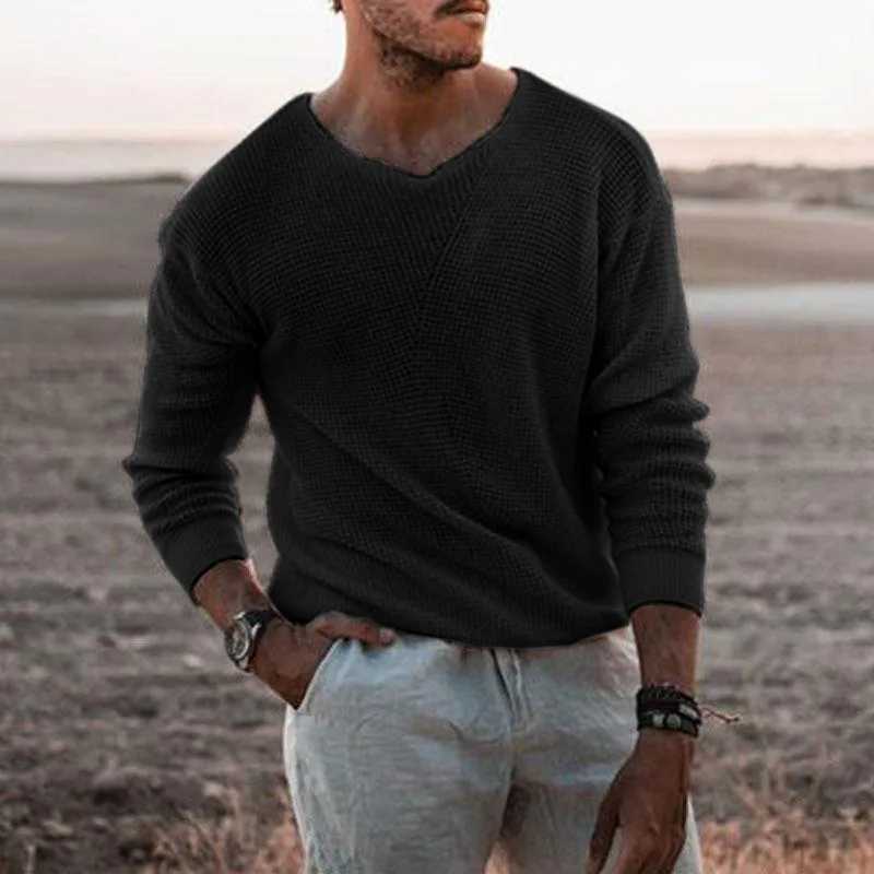 2023 Spring Autumn Fashion Mens Knit Thin Sweaters Casual V Neck Solid Warm Slim Fit Sweaters Pullover Male Z250621