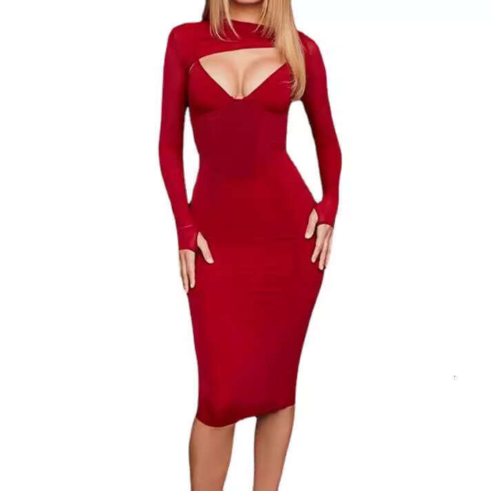 Long Dress Fashion Women S Clothing Celebrity Style Mesh Patchwork Hollow Out Long Sleeve Bandage Party Dress Sexy Long Skirt