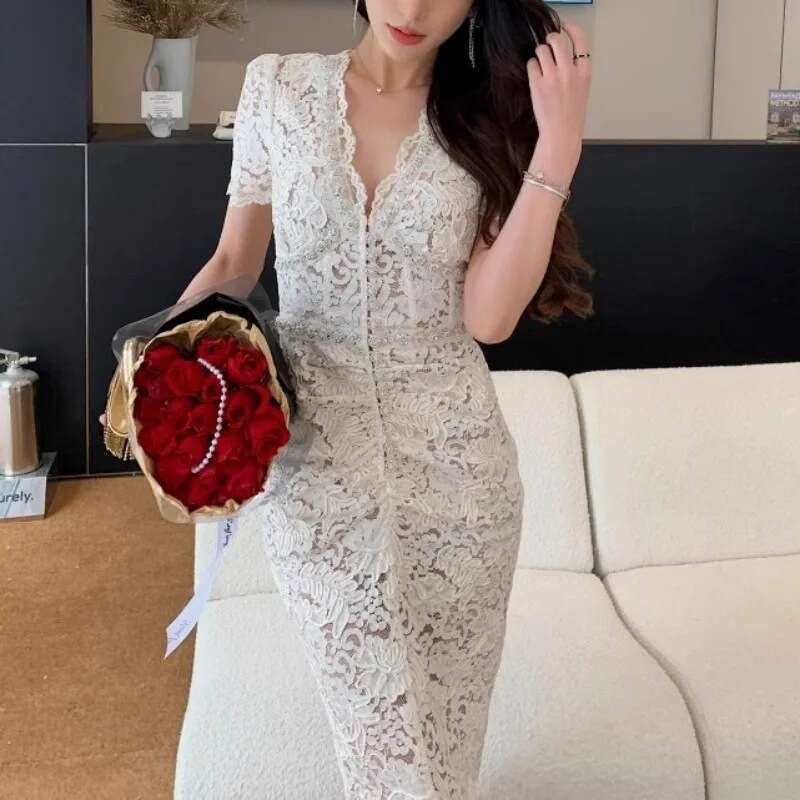 Long Dress Star Style Heavy Embroidered V Neck High Waist Lace Hollow Out Slim Fit Bodycon Socialite Elegant Dress For Women SP Sexy Long Skirt