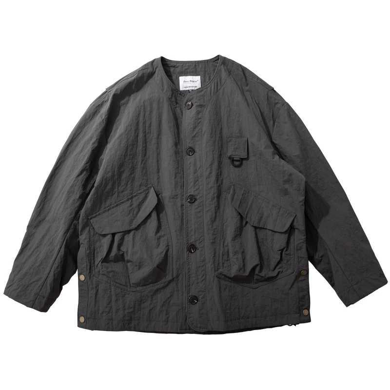 New 2025 Japanese Work Jacket Mens Outdoor Functional Three-proof Loose Multi-pocket Loose Casual Thin Collarless Mens Jacket XJ250621
