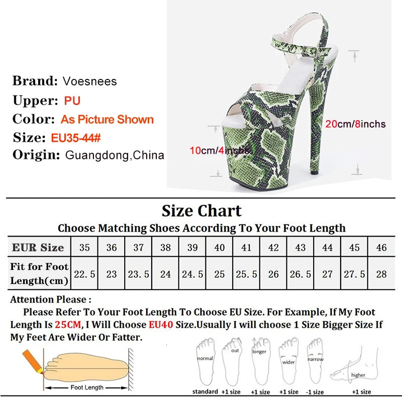 8Inch/20cm Women Sandals Exotic High Heel Platform Pole Dance Shoes Open Toe Green Snake Print Sexy Nightclub Catwalk Heels 250617