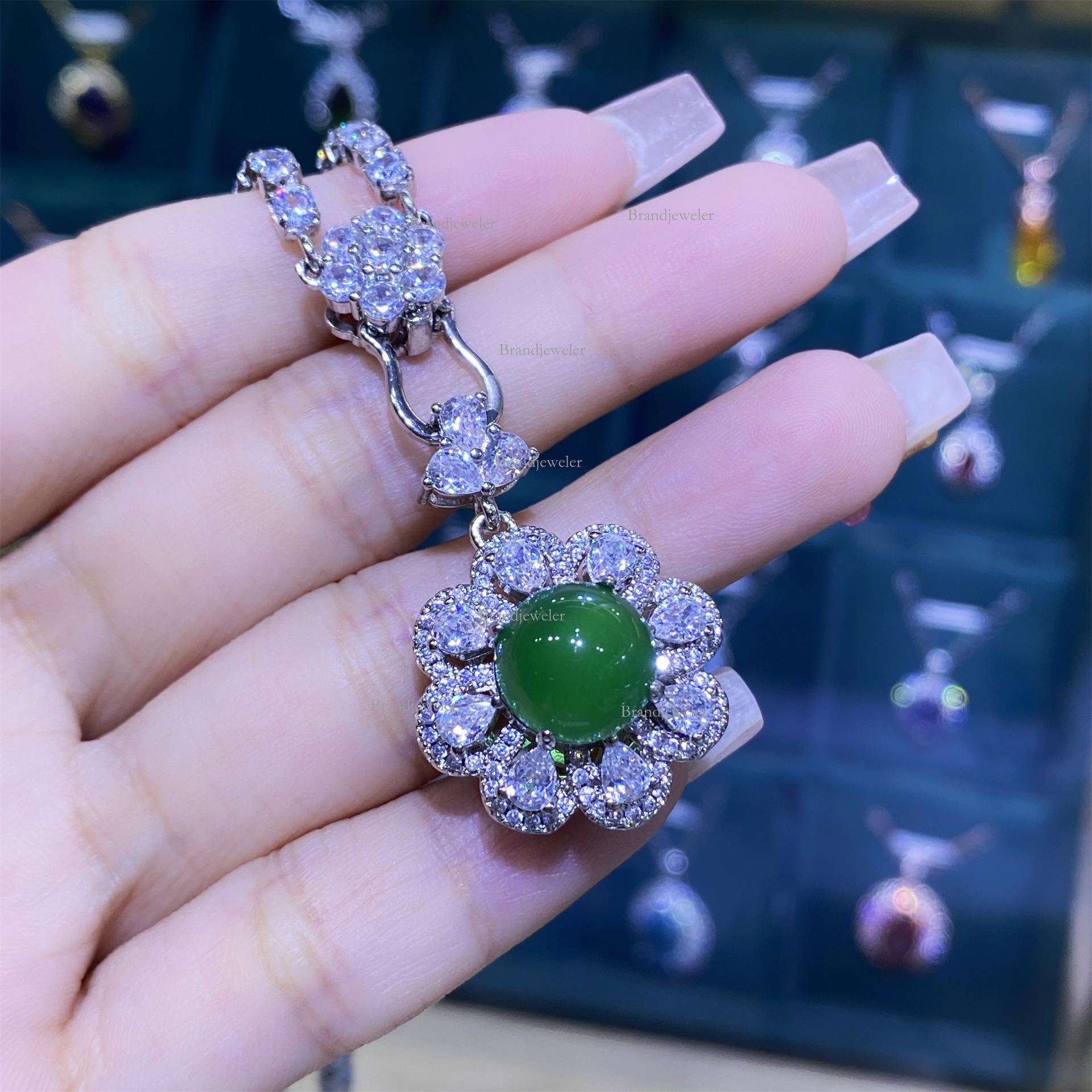 Natural 2025 New Model Green Chalcedony Sunflower Designer Necklace Green Agate Open Ring Women S Elegant Luxurious Pendant Free Delivery Earrings Thr