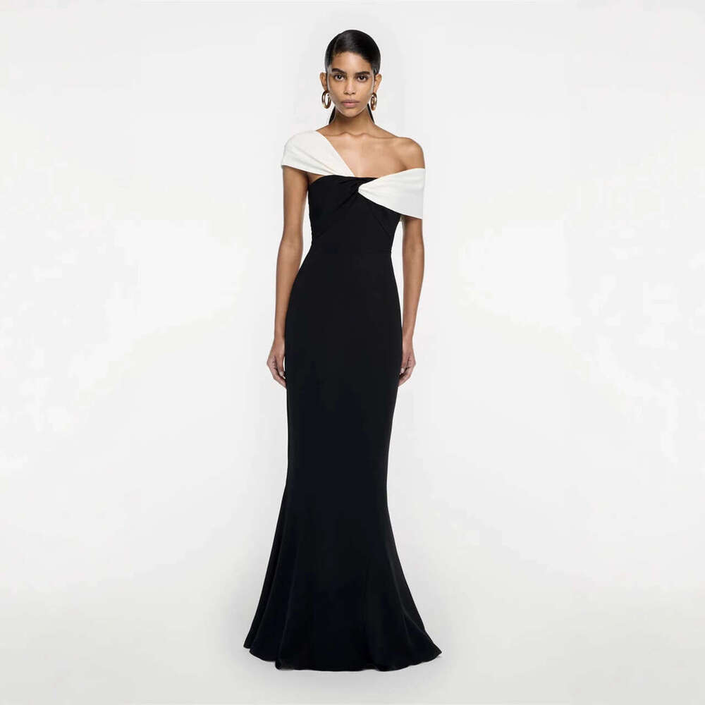 Long Dress Summer French Niche Design Liu Shishi Celebrity Same Style Fashion Color Block Off Shoulder Slim Fit Mermaid Long Dress Gown Sexy Long Skir