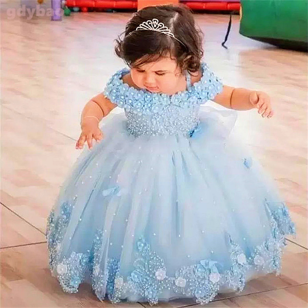 Pink Baby Girls Dresses Off Shoulder Pearls Lace Butterflies Flower Girl Dress Infant First Birthday Party Gown 250619