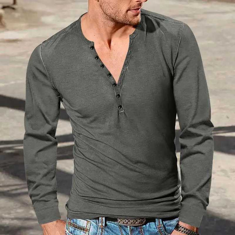 New Mens Four Season Henley Shirt Vintage Long Sleeve T-shirt Cross Border Mens Button V-Neck Slim Solid T-shirt Top Z250621