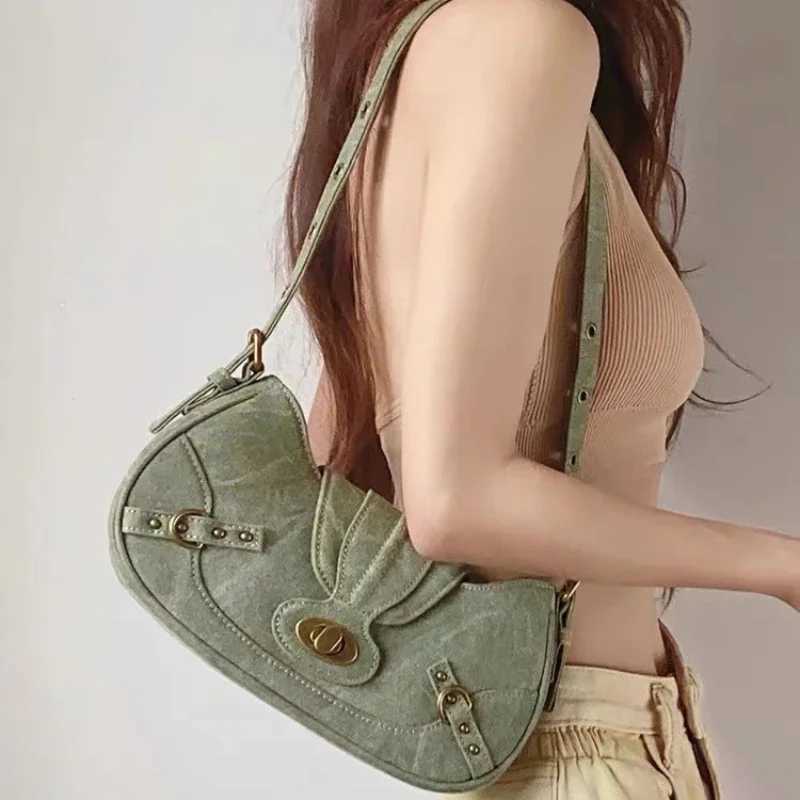 2K Vintage Shoulder Bag American Street Style Rivets Green Canvas Handbag Gothic Punk Biker Cool Designer Underarm Bag Handbag XJ250704