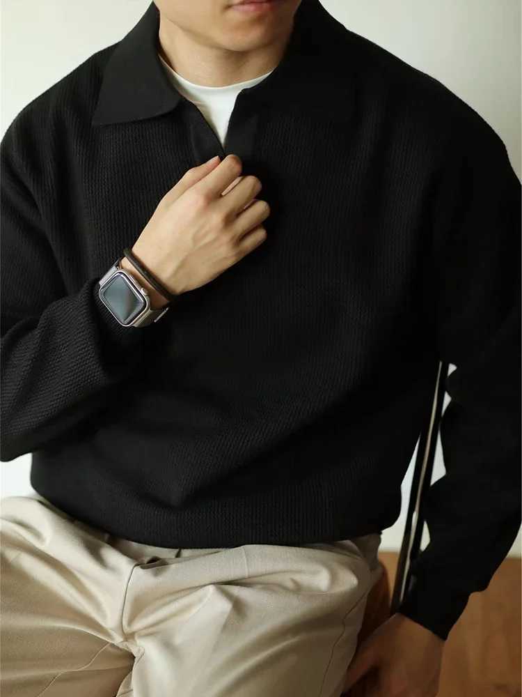 Fall Casual Sweater Mens Knitted Shirts Long Sleeve Turn-down Collar Jumper Tops Men Vintage Knitwear Solid Color Tops Z250621