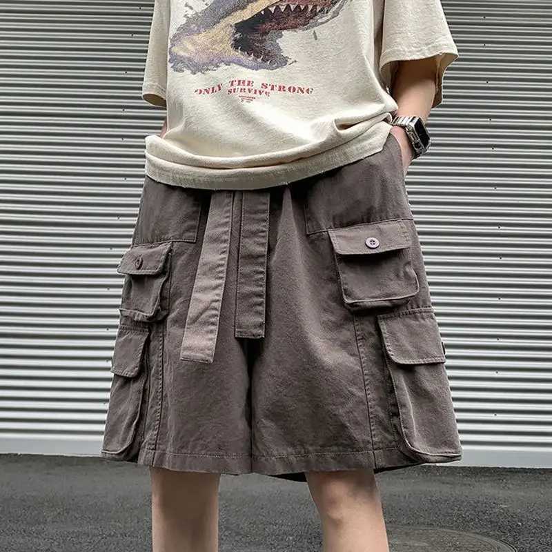 Oversize with Draw String Short Pants for Men Loose Big Size Long Baggy Bermuda Multi Pocket Wide Solid Mens Cargo Shorts Half W250621