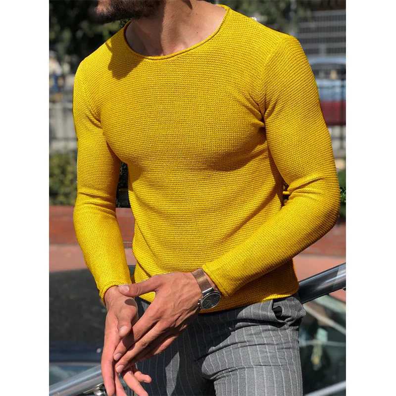 Mens sweater fashion mens casual round neCK sweater solid color slim fit long sleeved knitted pullover top Z250621