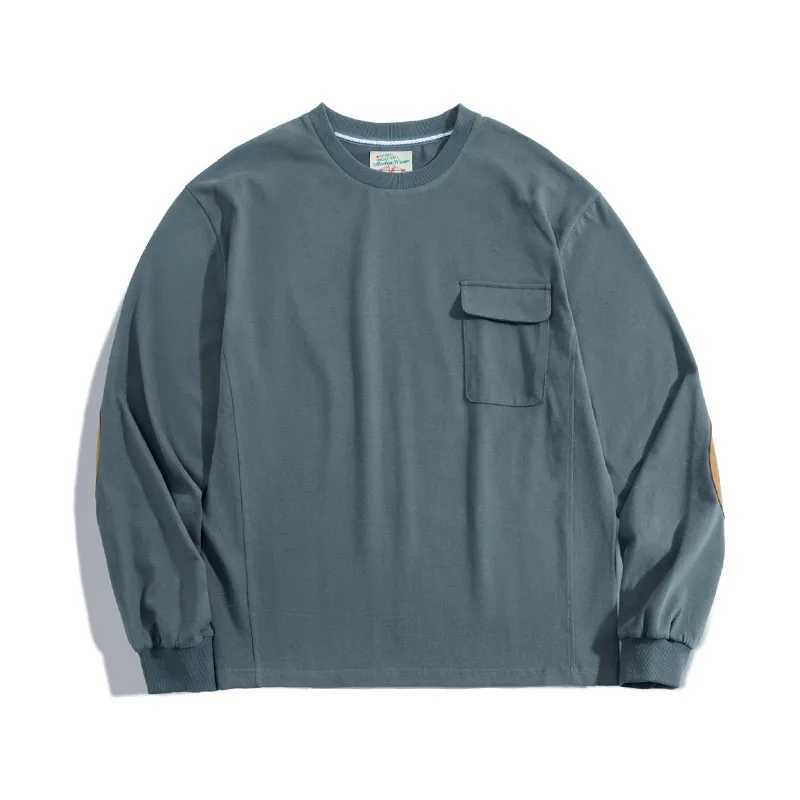 Maden Japanese Vintage Long Sleeve T-shirt for Men Patchwork Pocket Loose O-neck Tops Solid Color 100% Cotton Casual Sweatshirt XJ250621