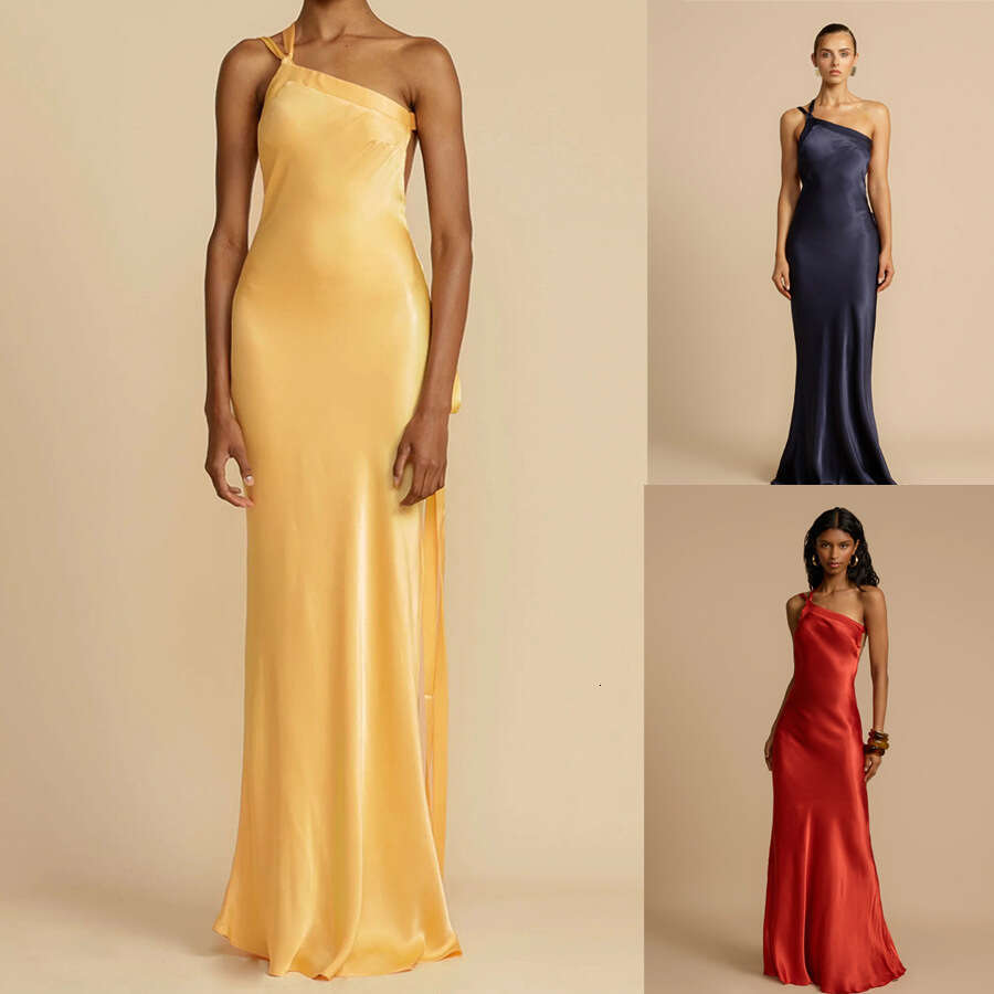 Long Dress Spring Summer New Party Asymmetric Shoulder Slim INS Casual Fashion Satin Dress Sexy Long Skirt