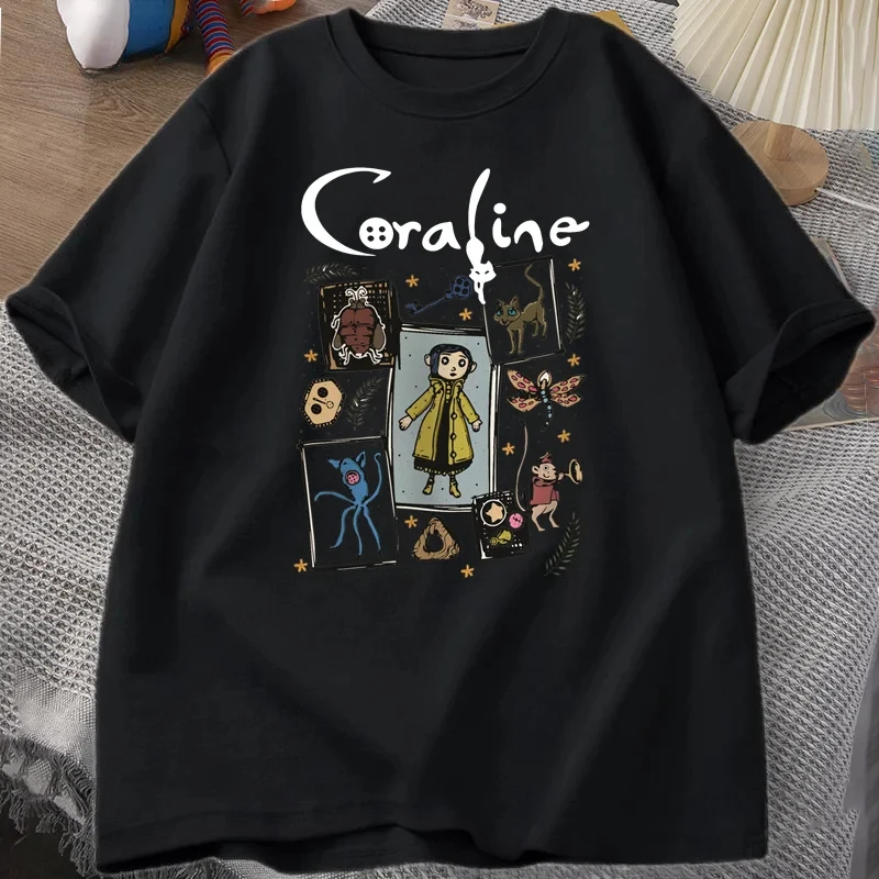 T-shirt Coraline Halloween T Shirt Women Men Spooky Vintage Harajuku Fall Short Sleeve Tshirt Womens Clothing Graphic T Shirts