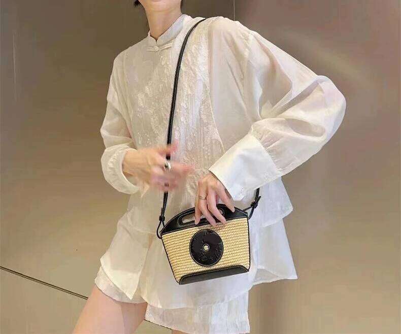 Women's Summer Cookie Straw Woven Basket Beach Handbag Designer Famous Brand Mini Crossbody Shoulder Small Drawstring Bucket Bag