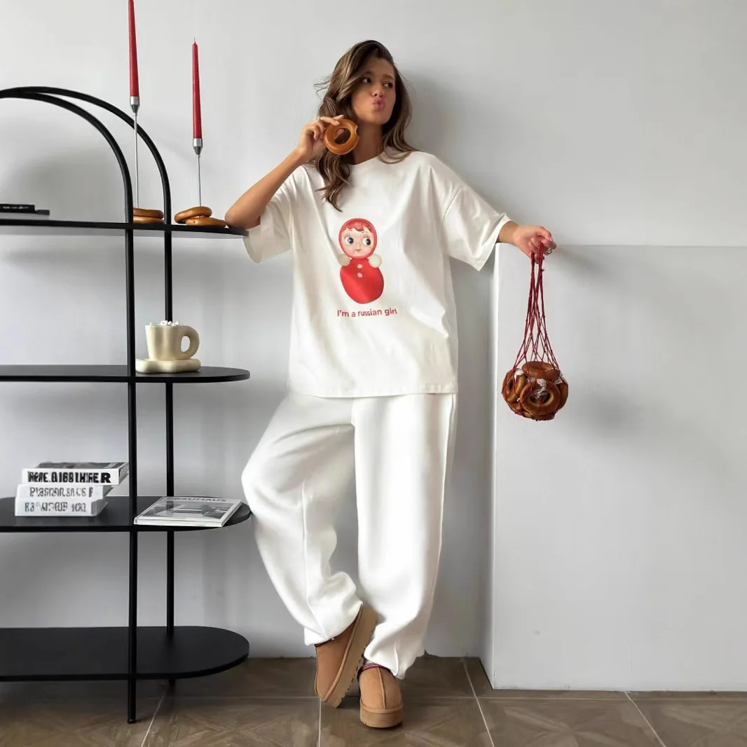Street Style Retro Russian Doll Print Ladies T Shirt Casual Fashion Y2k Personality Round Neck Short Sleeved T Shirt