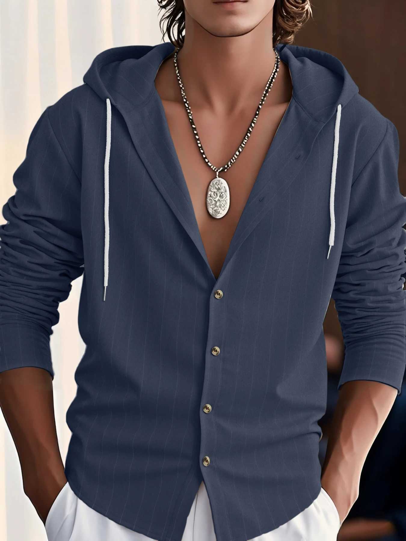 Mens Hoodie Retro cotton and linen striped long sleeved shirt Casual daily cardigans Hot selling fashionable mens clothing XJ250621