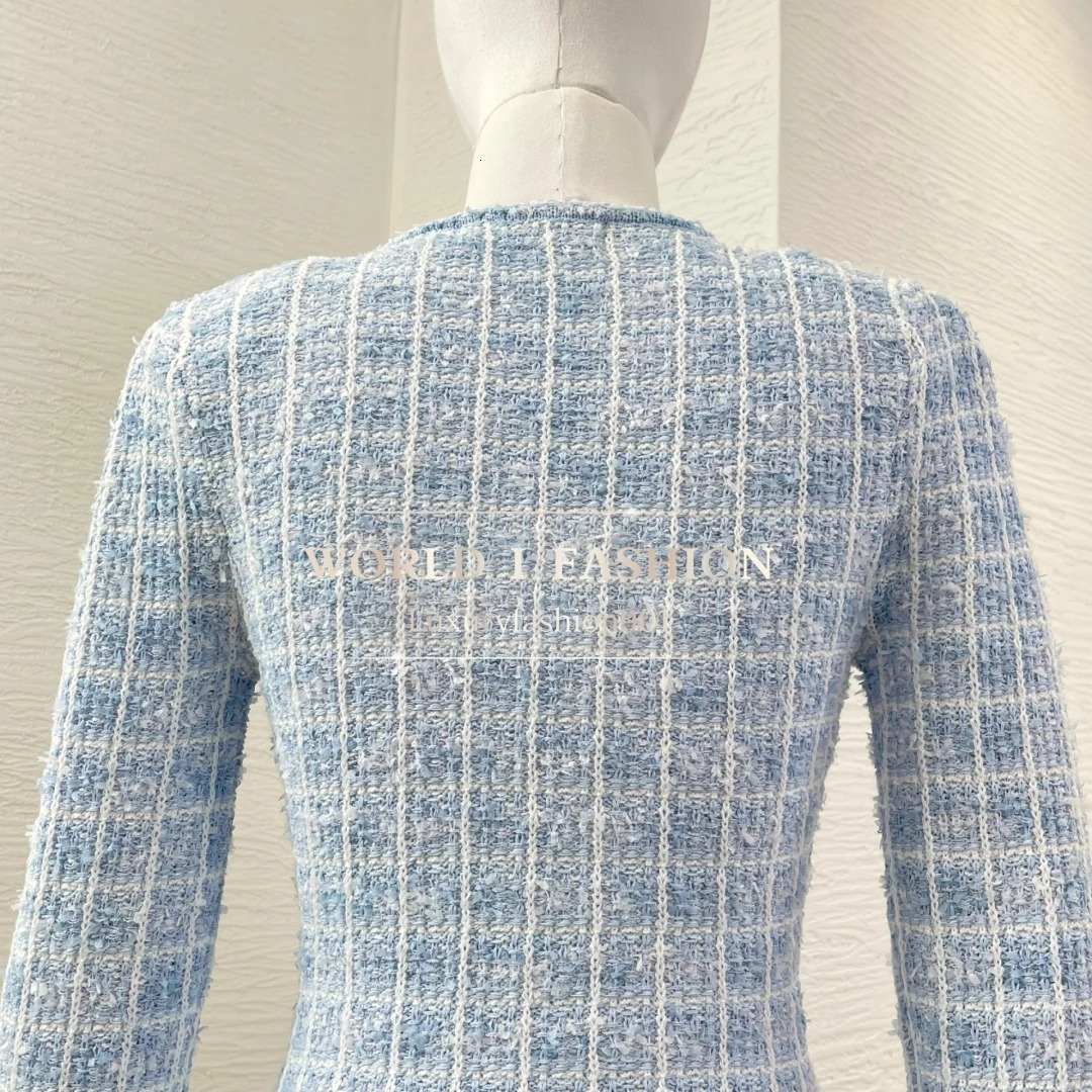 2025 Spring Elegant Womens Blue Knit Long Sleeve Bow Mini Dress High Quality 250617