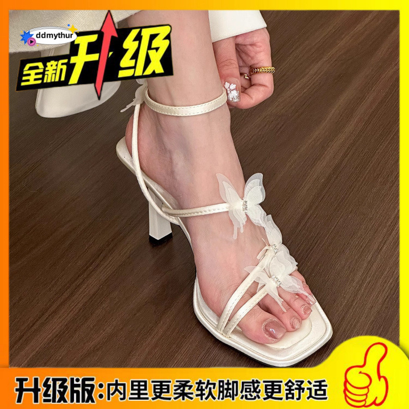 White Heel Sandals for Women Summer 2025 Open Toe Stiletto Butterfly Flower Fairy Stylish Lace-up High Heels ddmythur