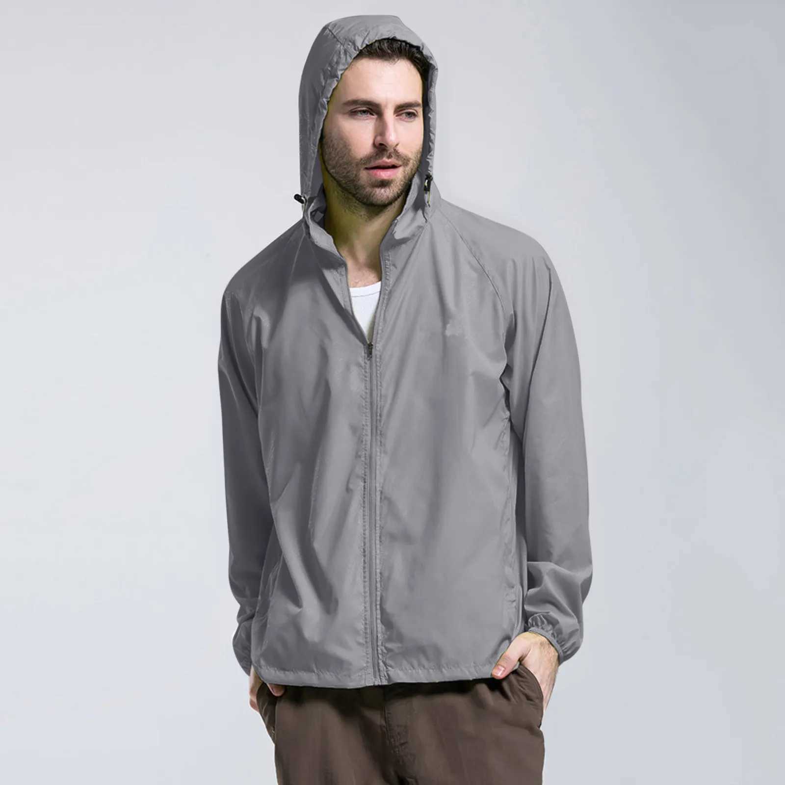 Mens Solid Color Packable Rain Jacket Lightweight Windproof Raincoat With Hood Outdoor Zip Up Outerwear Jacket Men Clothing XJ250621