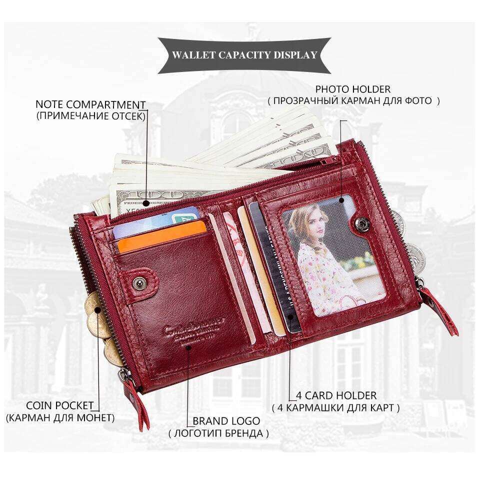Genuine Leather Wallet Women Brand Double-Zipper Small Coin Purse Female Classic Money Bag ID Card Holder Name Engraving