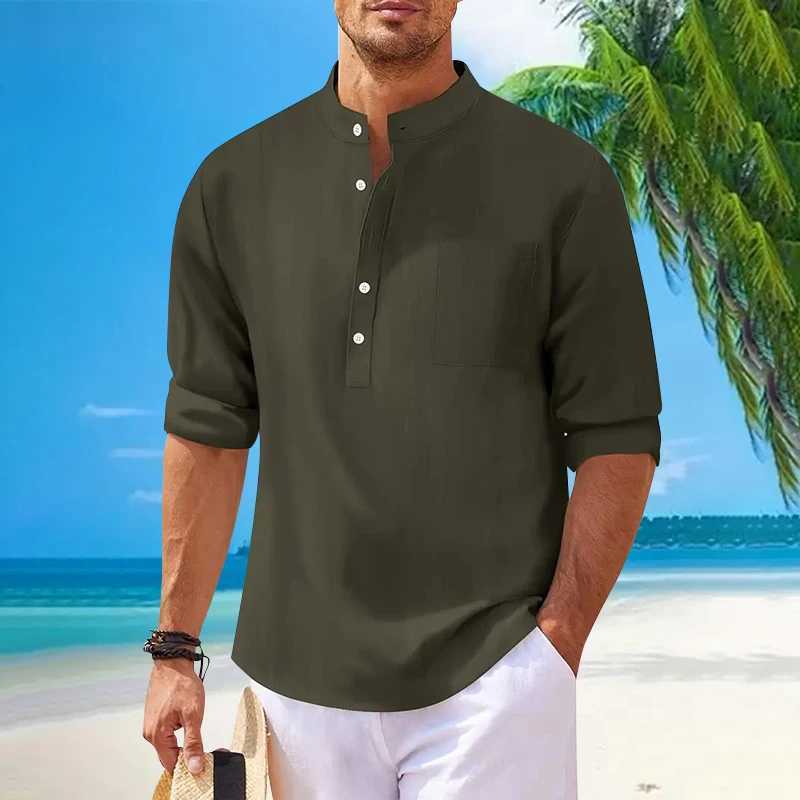 Cotton Linen Hot Sale Mens Long-Sleeved Shirts Spring Autumn ventilate Solid Color pocket Stand-Up Collar Casual Beach Style XJ250621