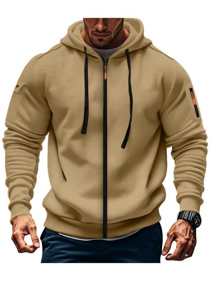 Mens casual hooded collar drawstring hooded sweatshirt sports long sleeved outdoor streetwear solid color lightweight cardiganXJ250621