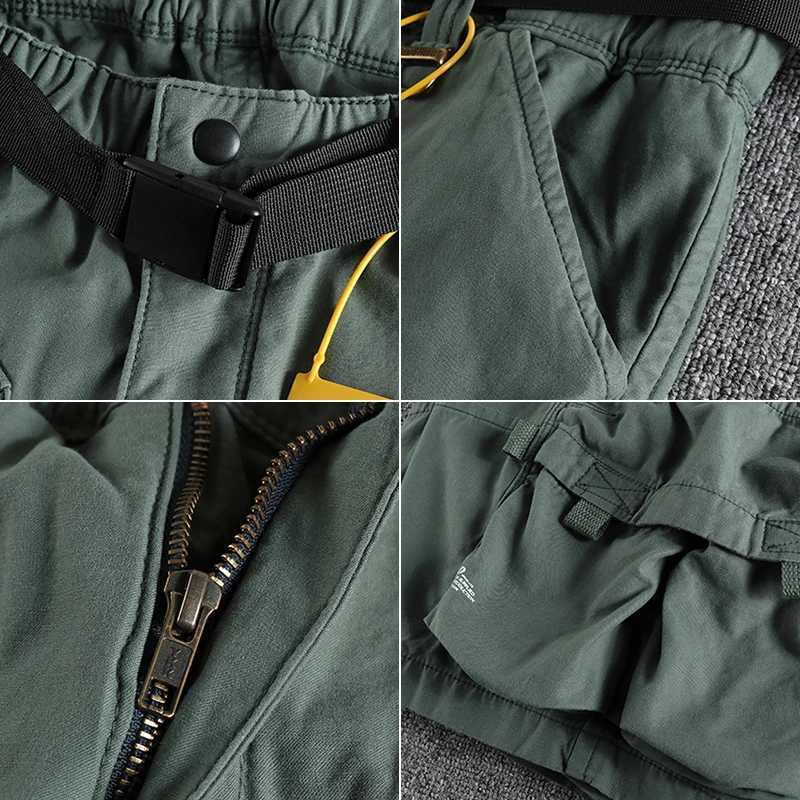 Summer New American Retro Cityboy Outdoor Cargo Shorts Mens Pure Cotton Washed Casual Multi-pocket 5-point Trousers with Belt W250621