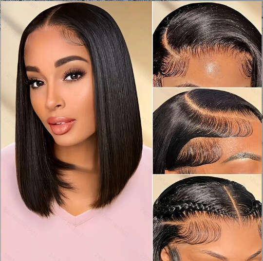 Black Short Straight For Women, Middle Part Bobo High-Temperature Fiber Synthetic Hair, Lace Front Wig