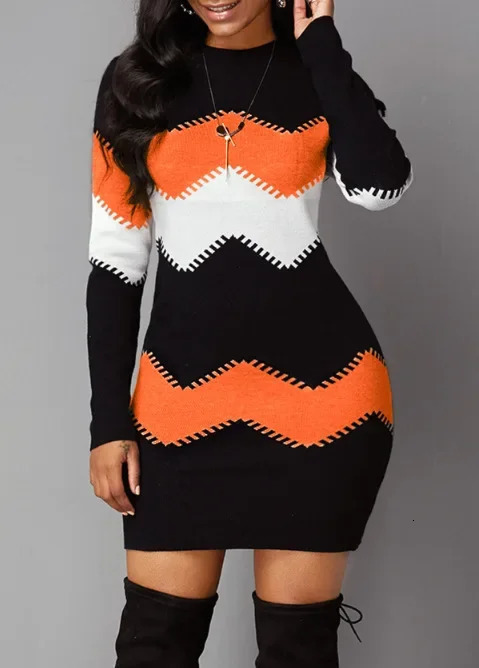 Autumn/Winter Womens Mid length Short Skirt Round Neck Long Sleeve Knitted Bottom Wrap Dress for Women 250617