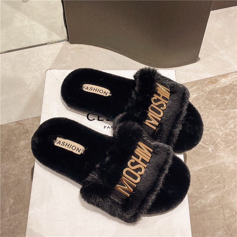 Designer soft-soled letter woolen slippers for women to wear as outerwear, 2025 autumn and winter home indoor one-shoulder cotton slippers Free Shippi